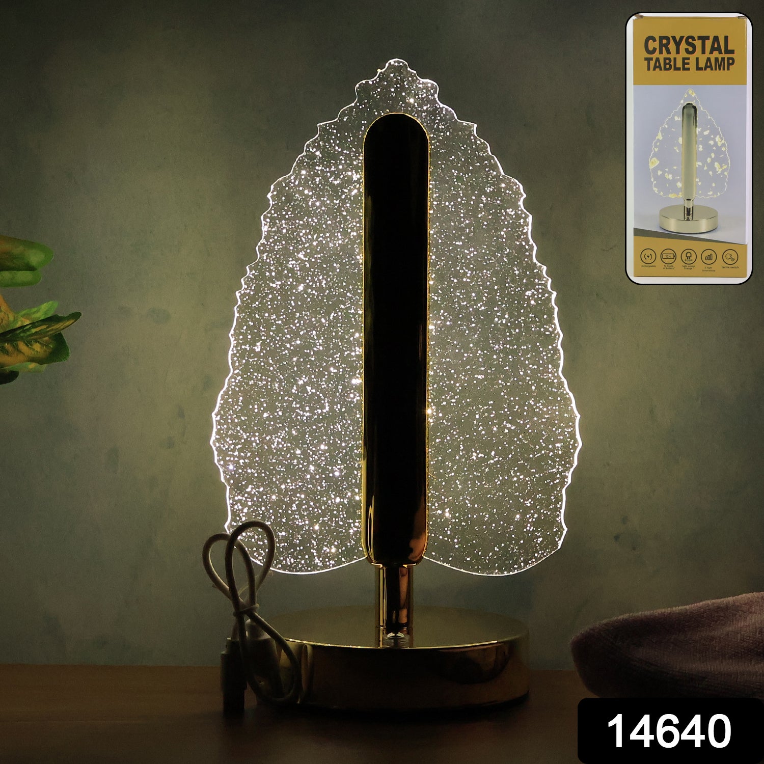 Wukusy premium LED crystal table lamp with USB port, stylish home decor lighting featuring a clear crystal design.