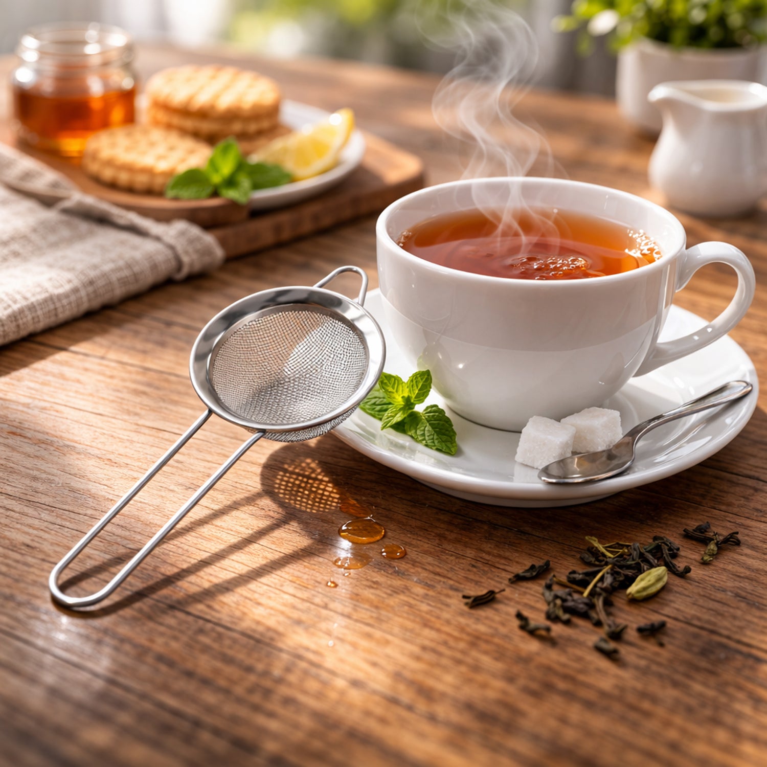 Wukusy stainless steel tea strainer 3-piece set with fine mesh filters for brewing loose leaf tea.