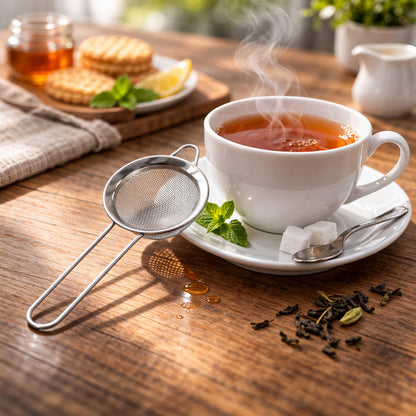 Wukusy stainless steel tea strainer 3-piece set with fine mesh filters for brewing loose leaf tea.