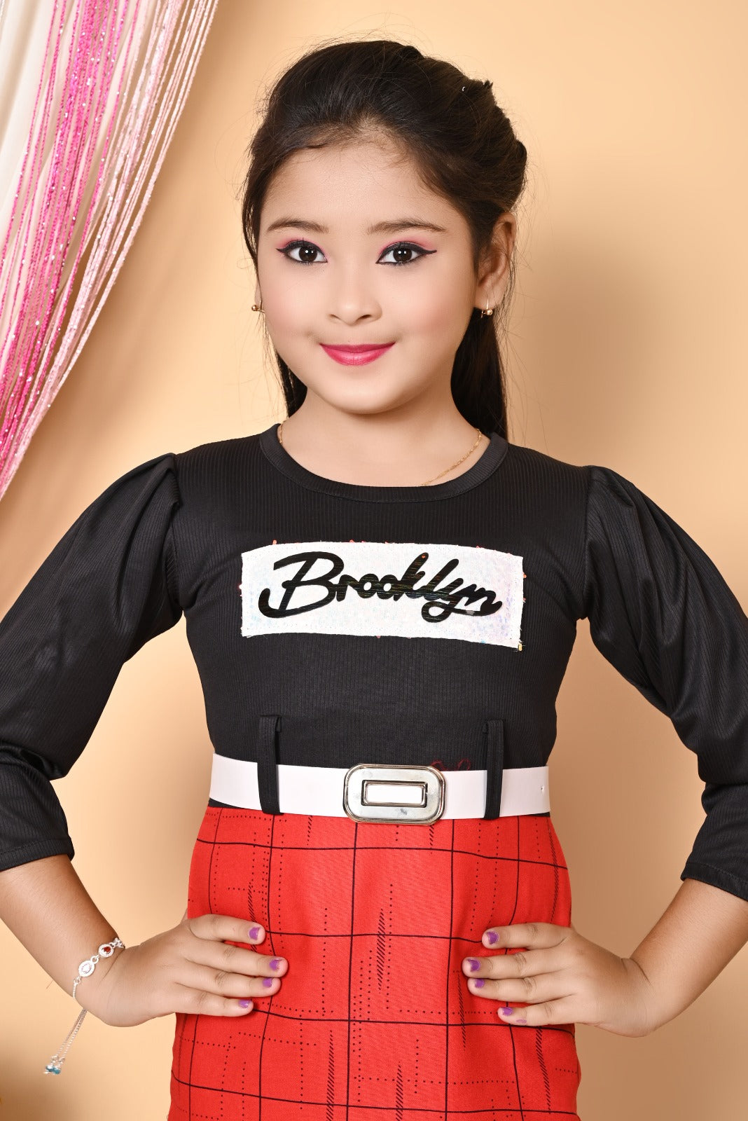 Red girls' casual dress for ages 2-3, mid-thigh length, part of 9408 girls clothing set, suitable for everyday wear.
