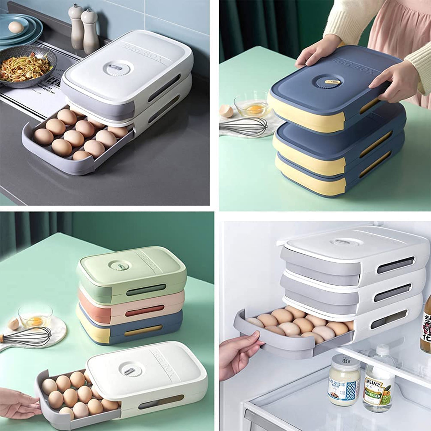 Wukusy 5723 plastic egg storage box with covered lid, fridge egg organizer and egg tray for pantry or refrigerator storage.