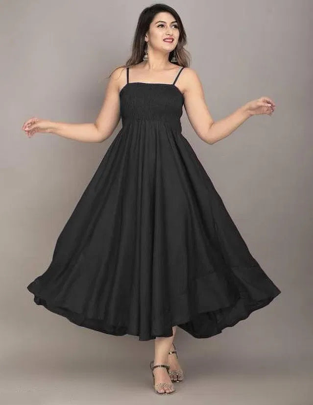 Women’s black maxi full-length dress by 9420, flowing sleeveless gown with a fitted waist and elegant style.