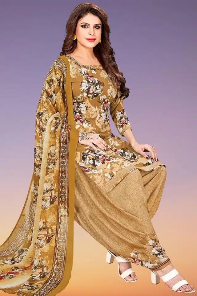 Beige crepe printed unstitched dress material for women, 2 meters, from 9444, shown in a package for women's unstitched suits.