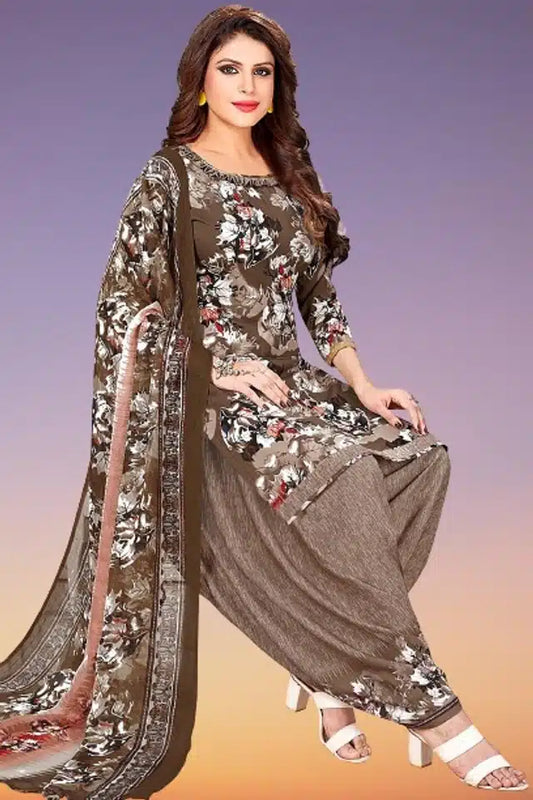 Brown crepe printed unstitched dress material for women, 2 meters, from 9444, showcasing the fabric's design and texture.