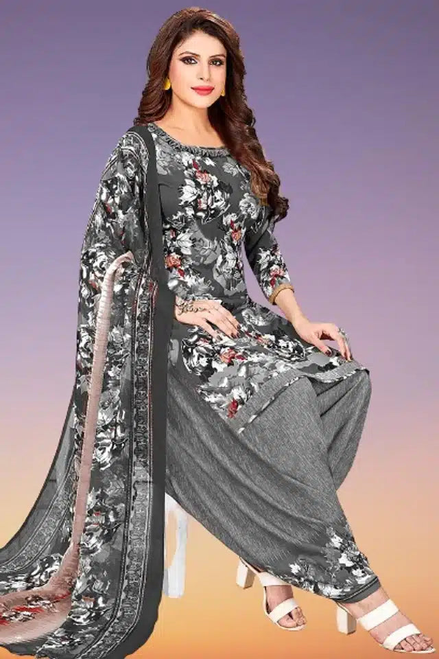 Grey crepe printed unstitched dress material for women, 2 meters, from 9444, shown laid out flat with fabric details.