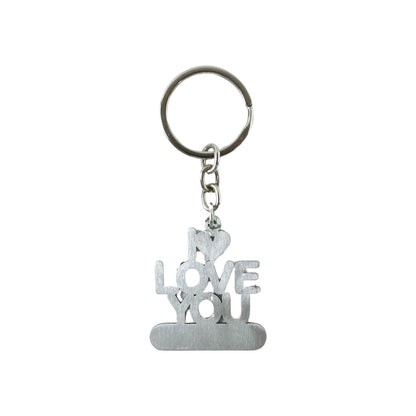 Wukusy premium metal love you keychain with engraved "Love You" message, featuring a heart-shaped design on a silver finish.