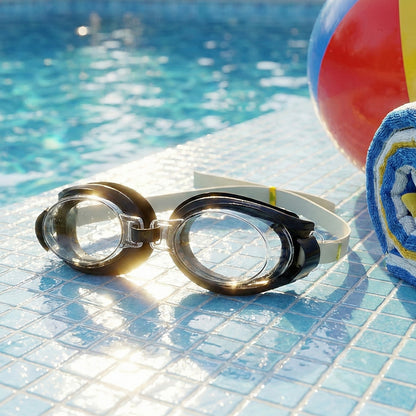 Wukusy UV protection swimming goggles with clear lenses and adjustable strap, designed for comfort and eye protection during swimming.