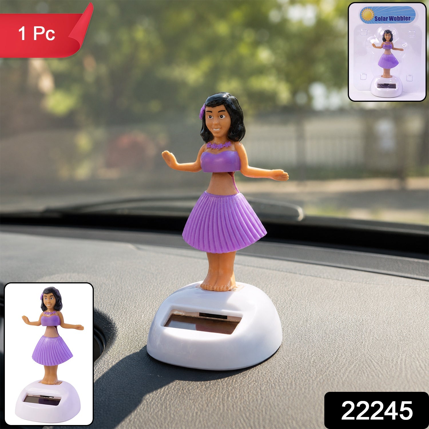 Wukusy solar-powered dancing hula doll bobble toy for car dashboard decor, with colorful hula outfit and cheerful expression
