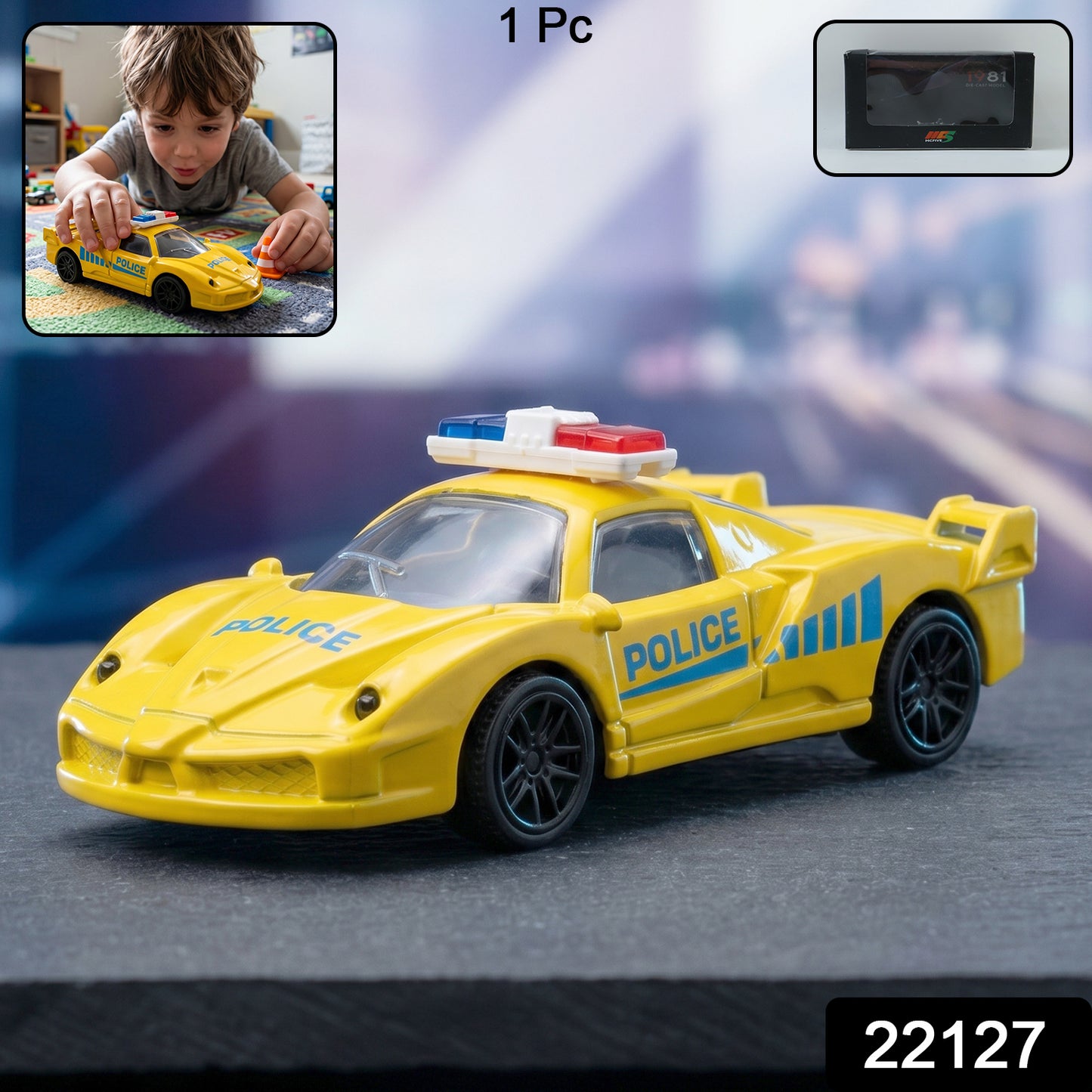Wukusy police design mini toy car with pull-back friction racing feature for kids, shown in a close-up shot.