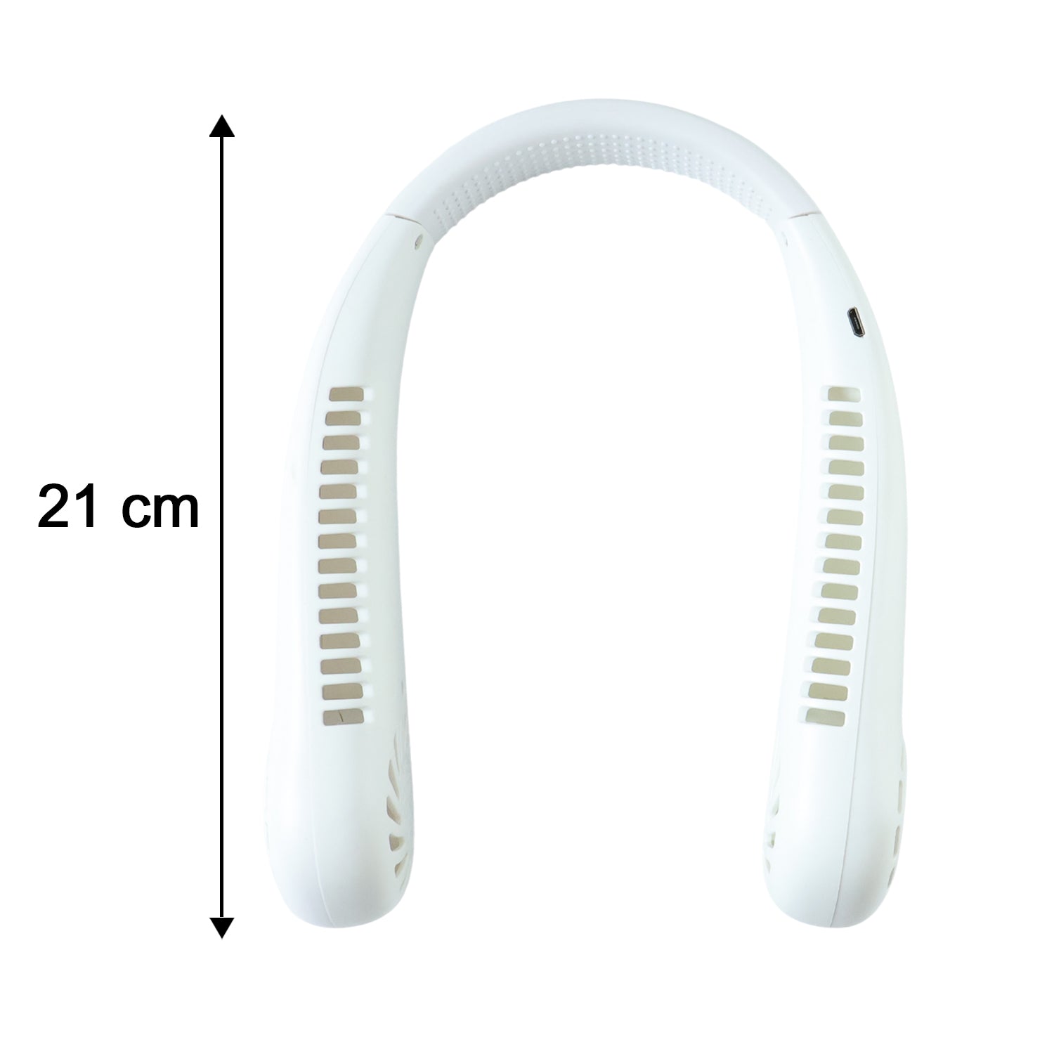 White Wukusy portable rechargeable neck fan with adjustable vents, designed for hands-free cooling and personal comfort.
