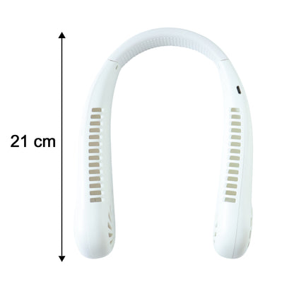White Wukusy portable rechargeable neck fan with adjustable vents, designed for hands-free cooling and personal comfort.