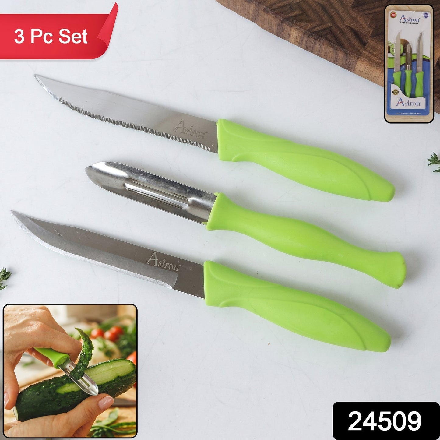 Wukusy premium stainless steel kitchen knife and peeler combo set with three tools for slicing and peeling fruits and vegetables.