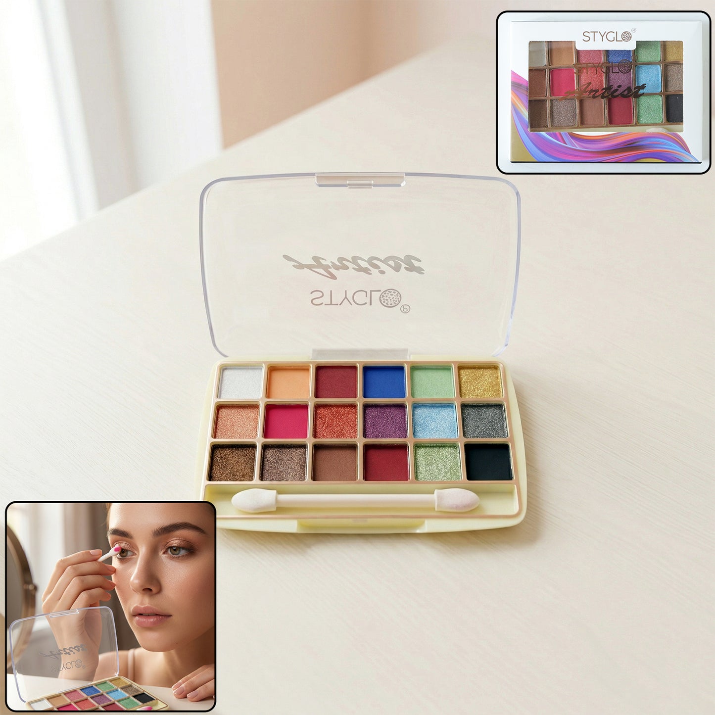 Wukusy 18-color eyeshadow makeup palette with neutral and vibrant shades, arranged in a rectangular compact.