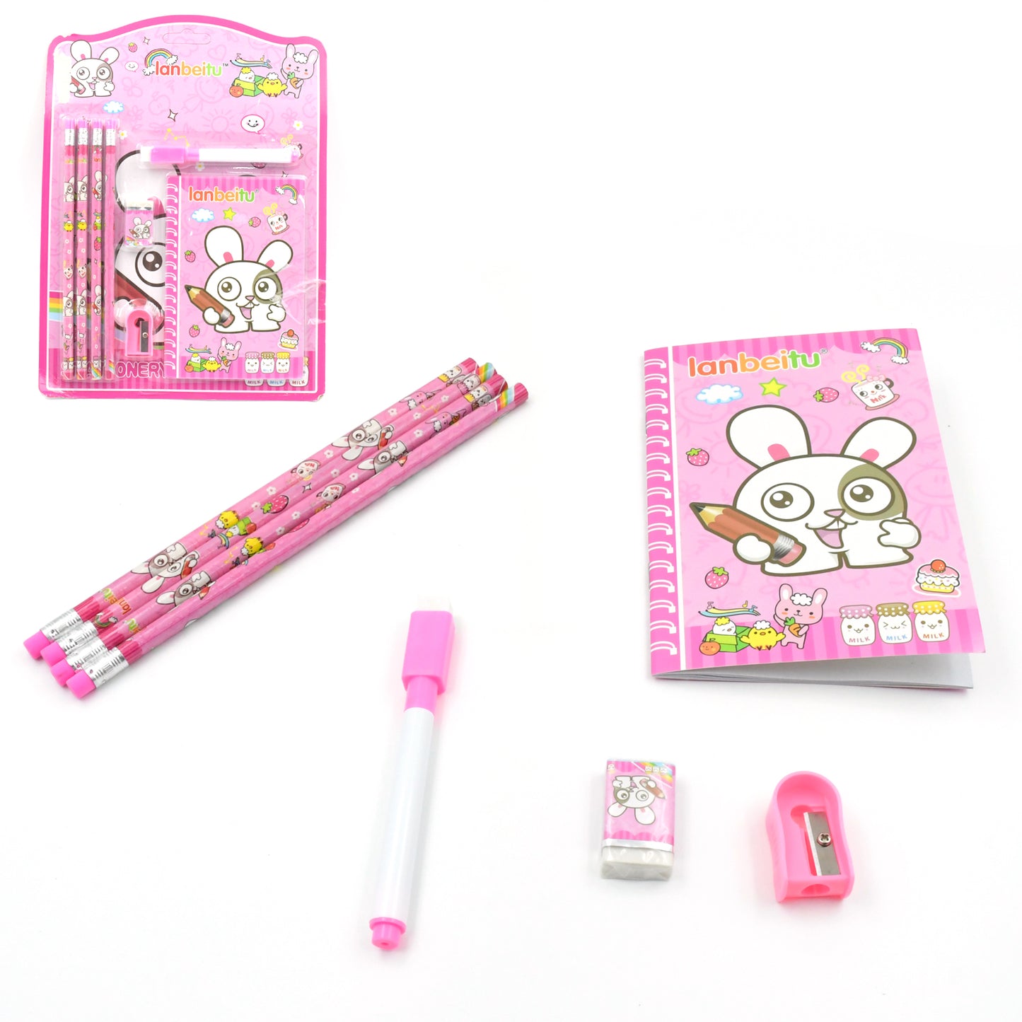 Wukusy 8-piece kids stationery set including wooden pencil sharpener, erasers, small diary, perfect for school and birthday gifts