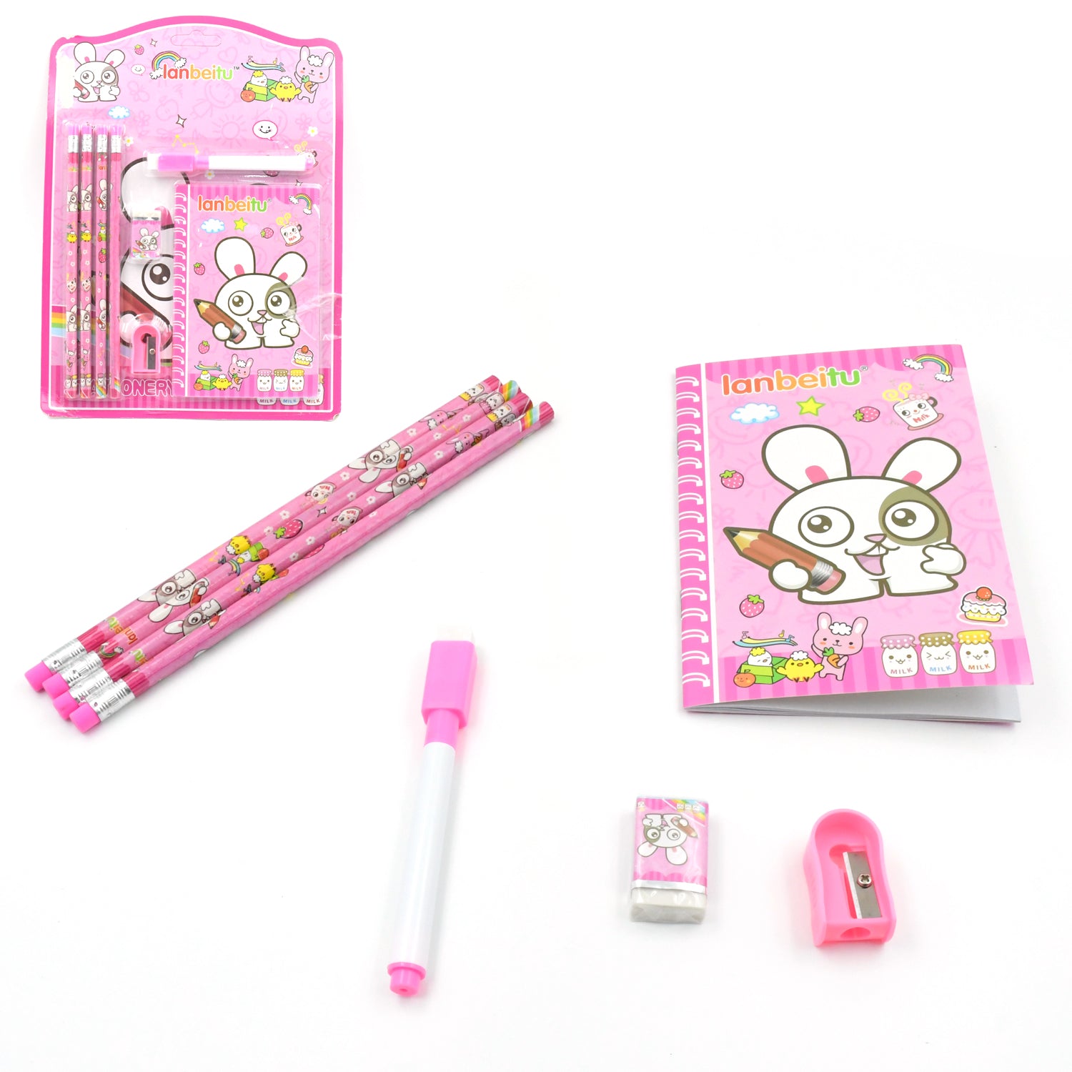 Wukusy 8-piece kids stationery set including wooden pencil sharpener, erasers, small diary, perfect for school and birthday gifts