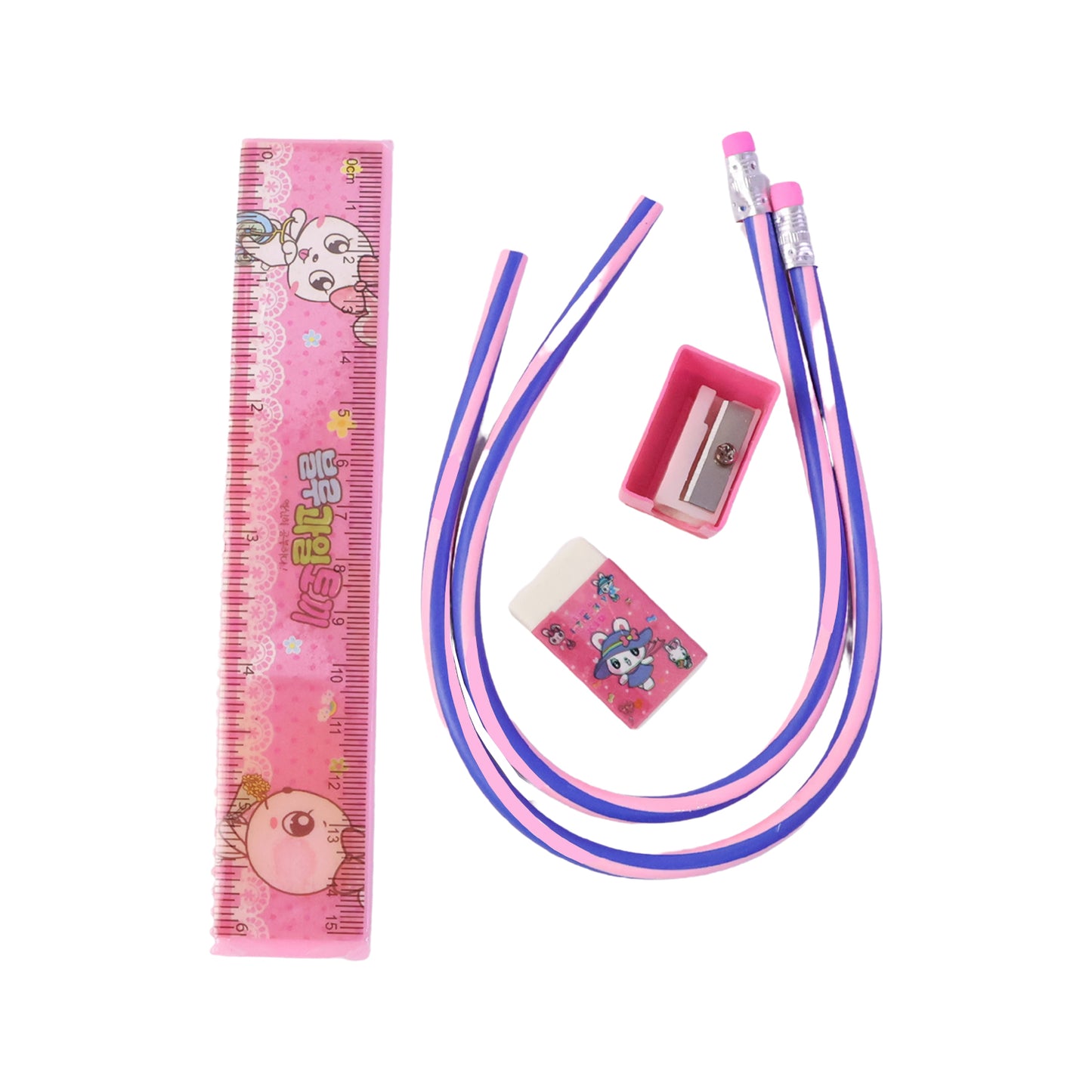 Kids school stationery kit by Wukusy featuring a cute cartoon design with flexible pencils and five essential school supplies.