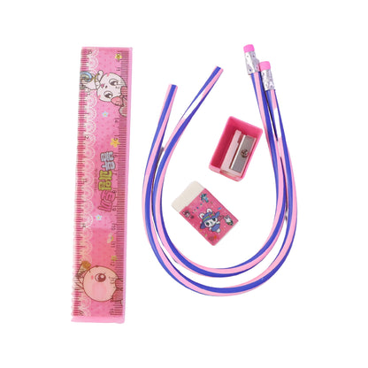 Kids school stationery kit by Wukusy featuring a cute cartoon design with flexible pencils and five essential school supplies.