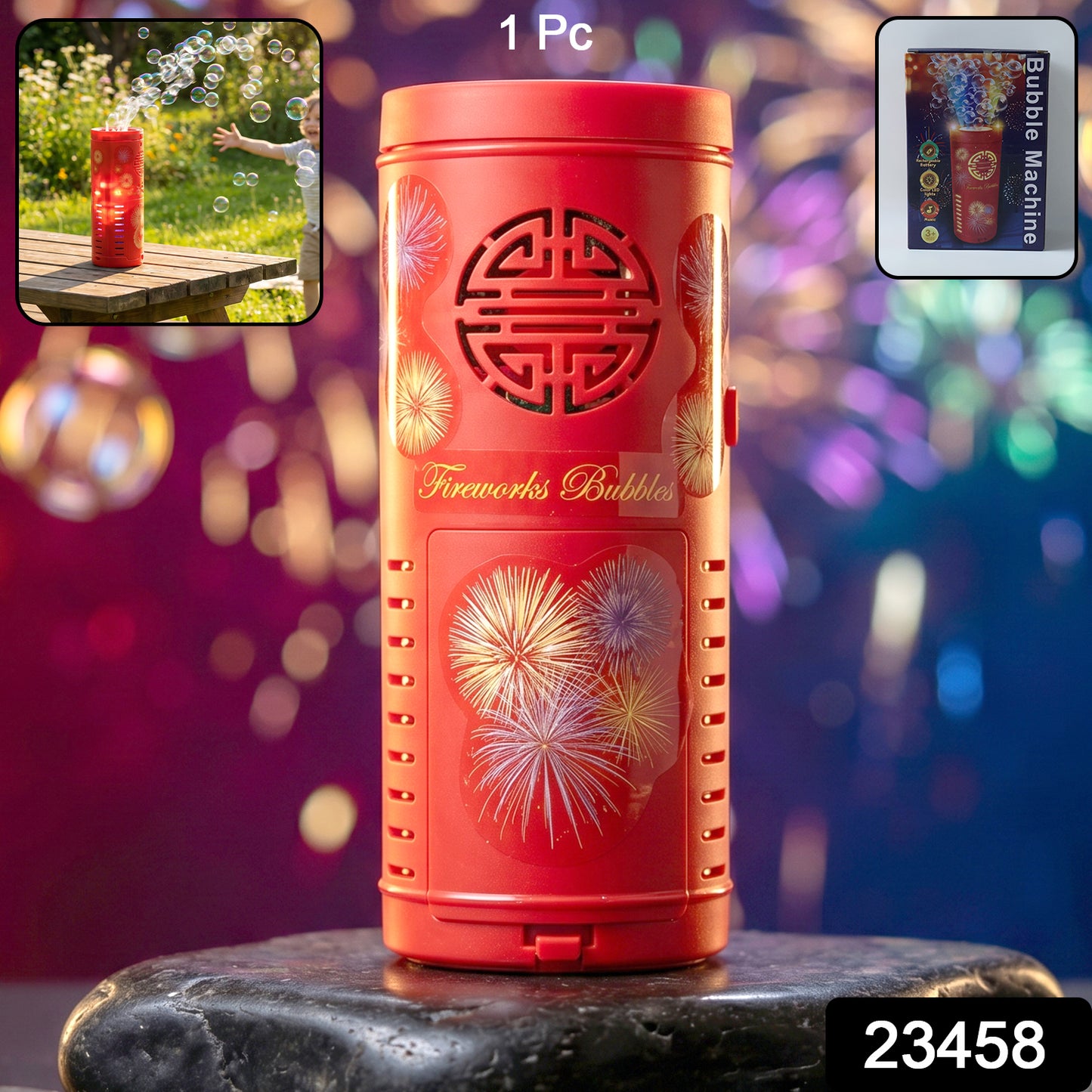 Wukusy automatic bubble machine toy with LED light effects, producing bubbles and colorful light displays.