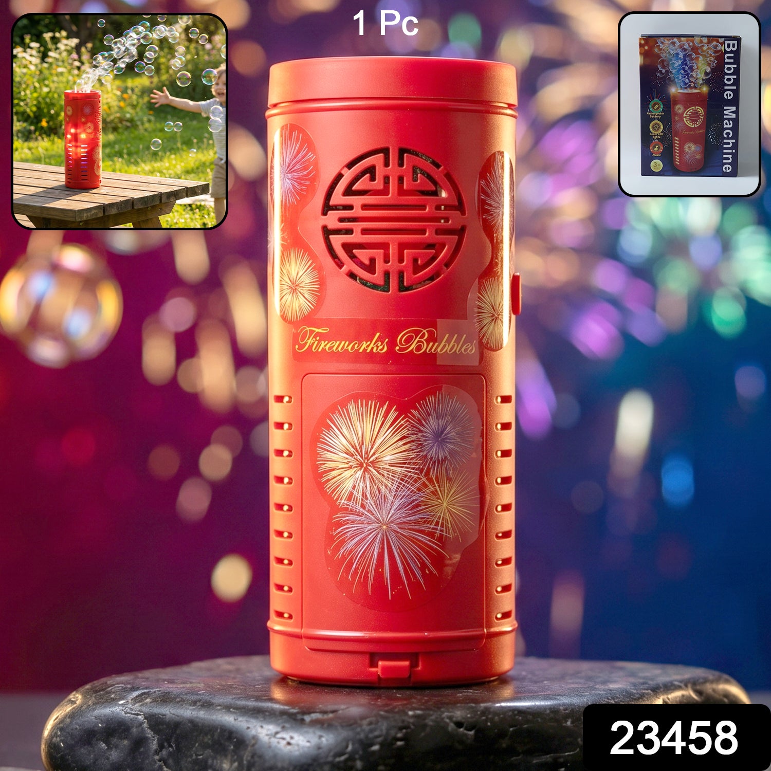 Wukusy automatic bubble machine toy with LED light effects, producing bubbles and colorful light displays.