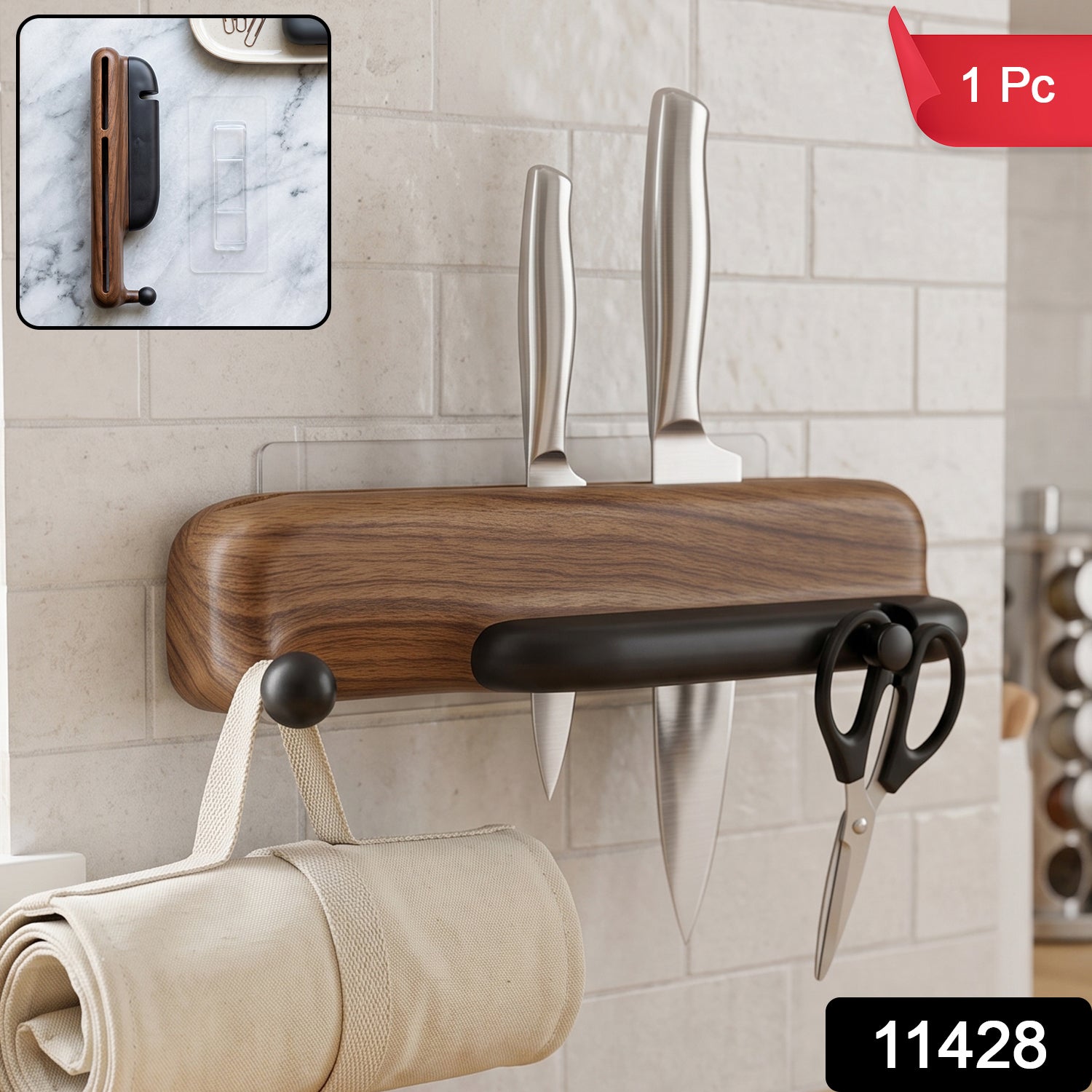 Wall Mounted Knife Holder With Hooks And Roll Bag Dispenser For Kitchen Storage