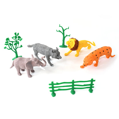 Wukusy small wild animal toy set for kids featuring four realistic animal figures including a fox, bear, wolf, and deer.
