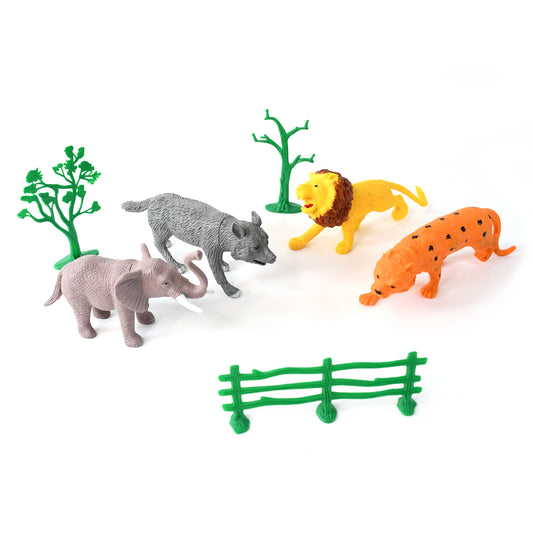 Wukusy small wild animal toy set for kids featuring four realistic animal figures including a fox, bear, wolf, and deer.