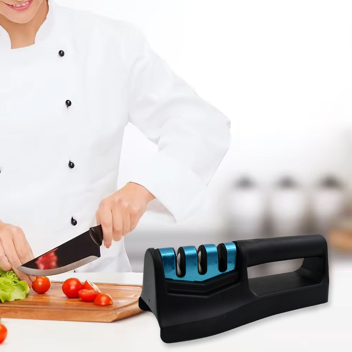 Wukusy 9-in-1 knife sharpener with vegetable chopper and fish scale remover, handheld kitchen and pocket knife sharpening tool