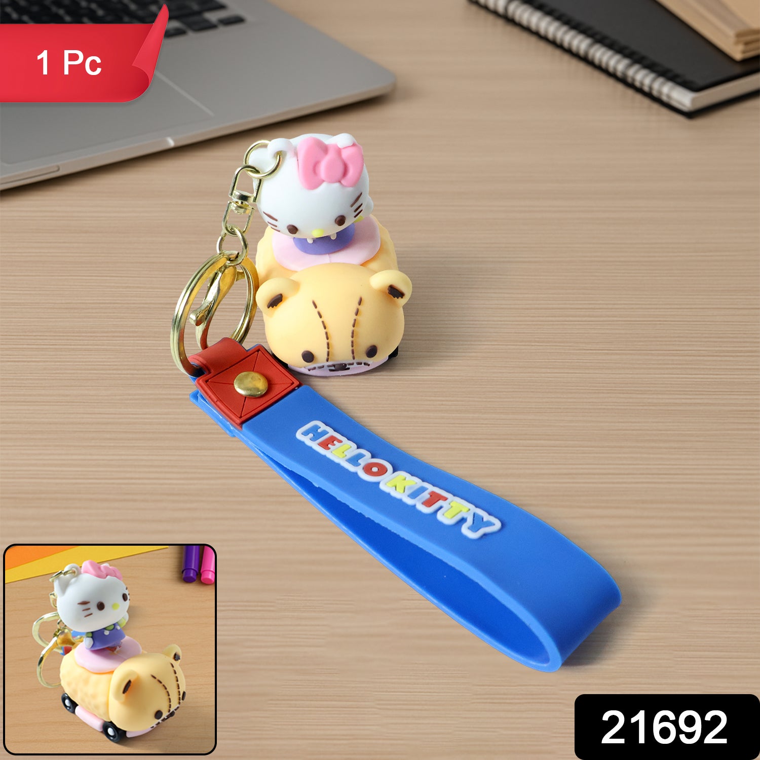 Silicone keychain featuring a cute cartoon cat riding a toy car, perfect for keys or bags, by Wukusy.