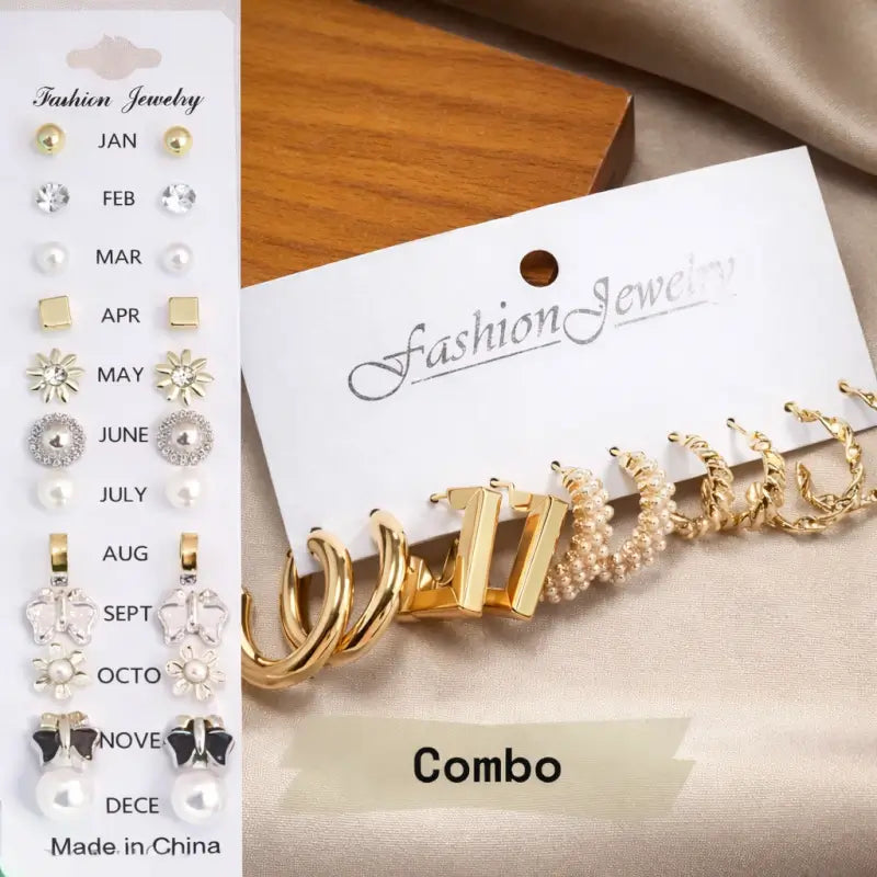 Set of 17 girls' metal stud earrings from Ekom, featuring various stylish earring pairs for everyday wear and special occasions.