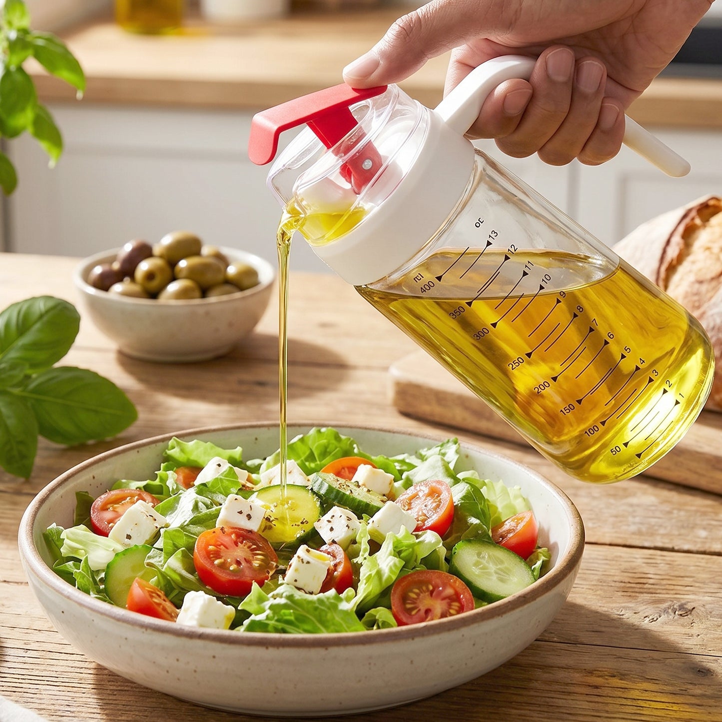 Wukusy glass oil dispenser bottle with auto-flip cap and side handle, 500 ml capacity for easy oil pouring and storage.