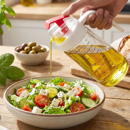 Wukusy glass oil dispenser bottle with auto-flip cap and side handle, 500 ml capacity for easy oil pouring and storage.