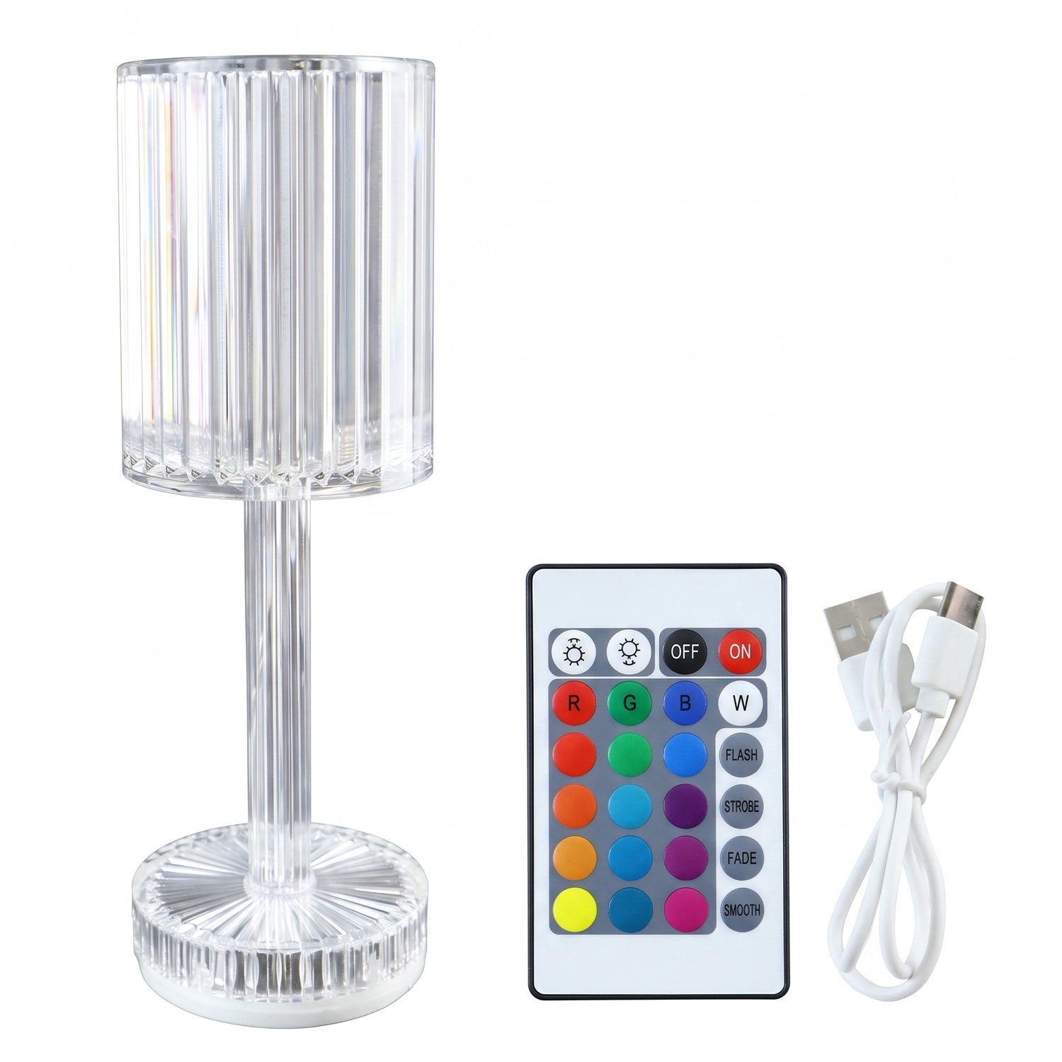 Wukusy touch control RGB crystal LED table lamp with remote, featuring colorful lighting and modern design on a sleek table.