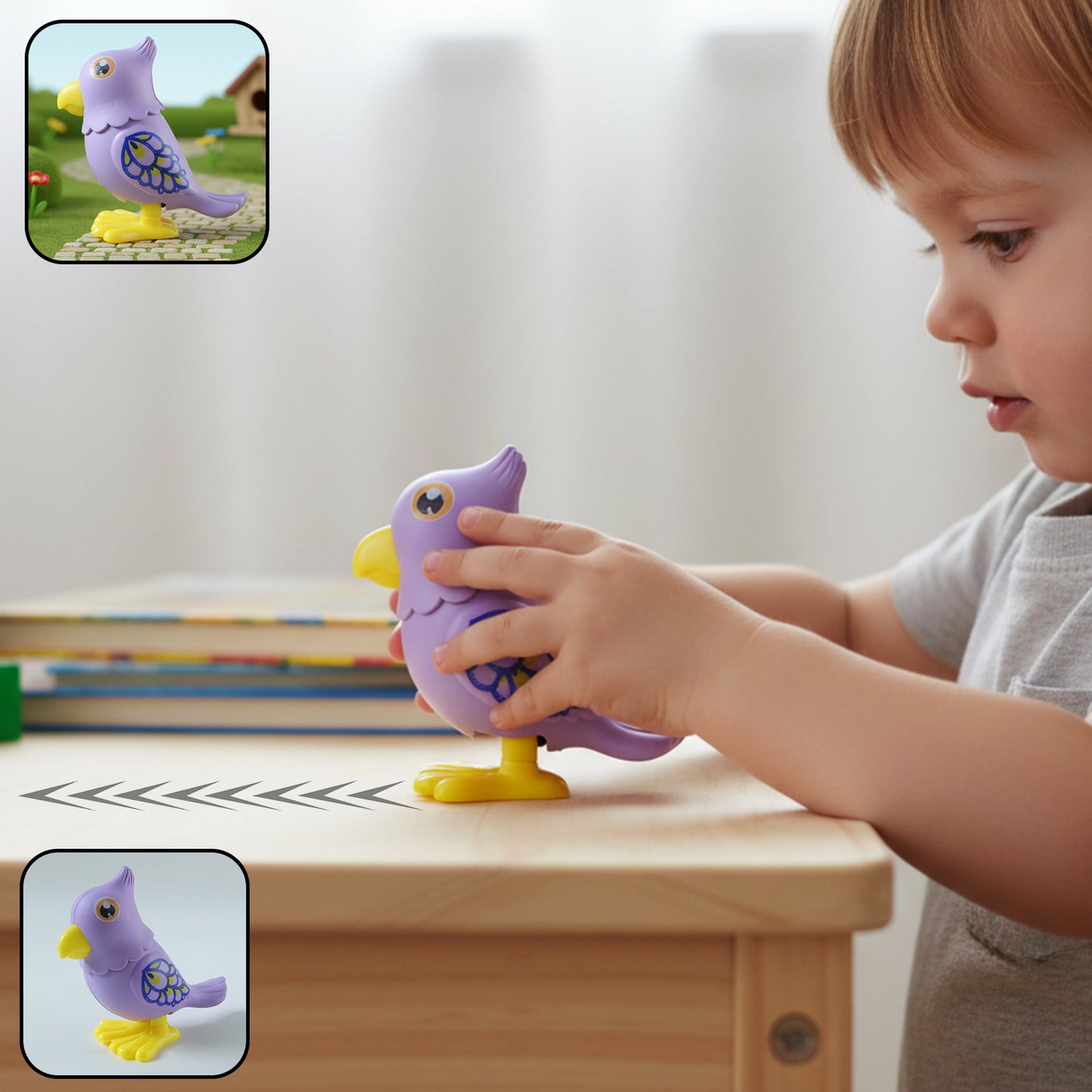 Wukusy key-operated jumping bird toy for kids, colorful plastic bird with a key mechanism for fun play.