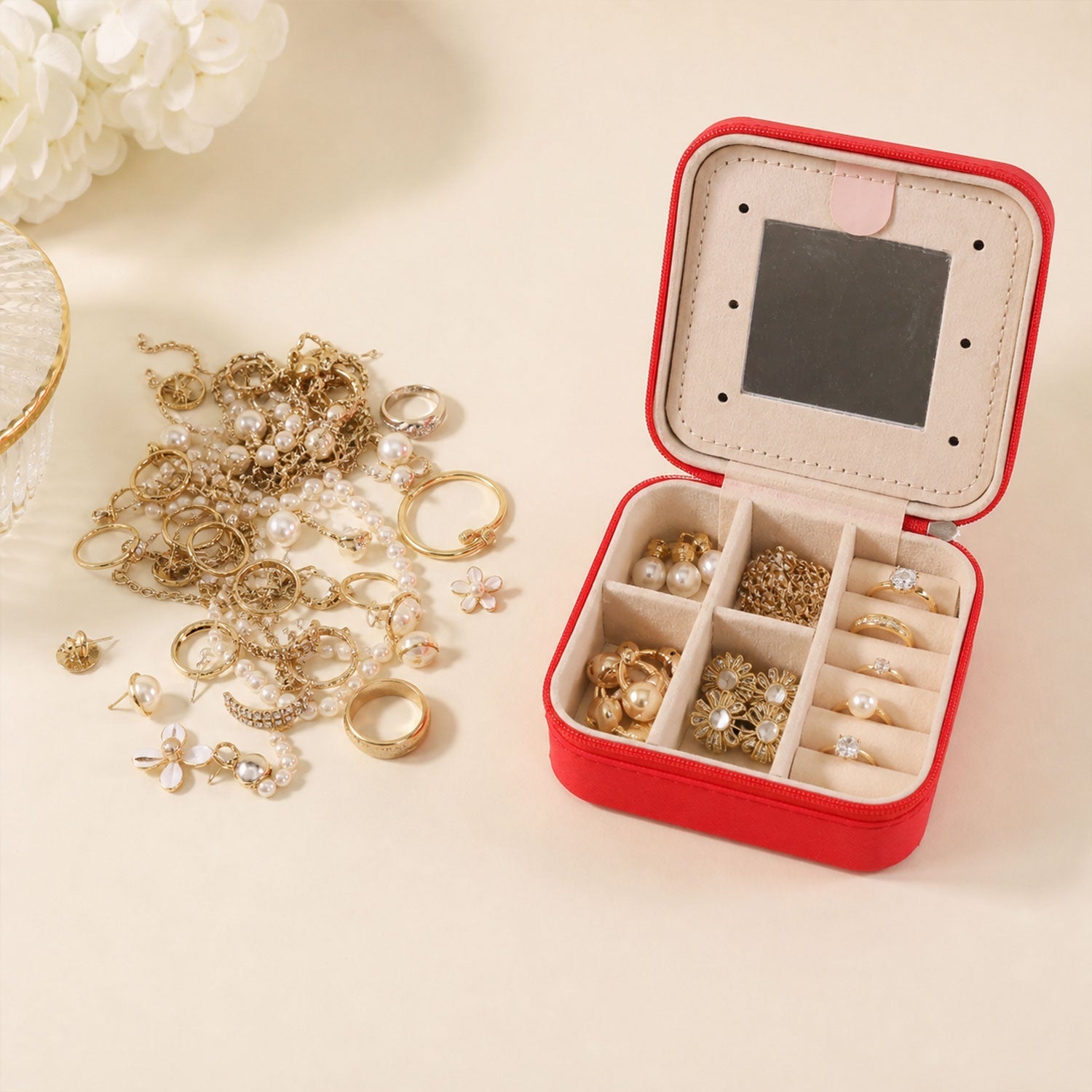 Wukusy mini jewelry organizer box with mirror, designed for rings and earrings, featuring a compact, clear plastic case with a mirror inside.