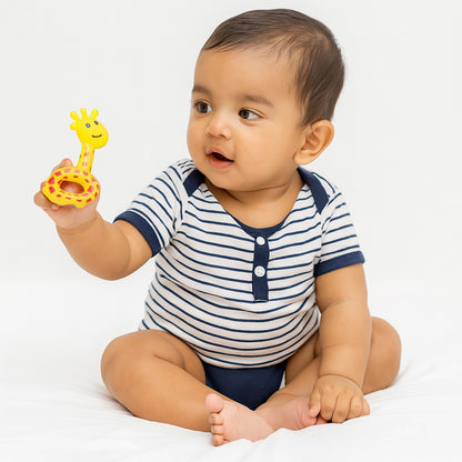 Set of five colorful plastic baby rattles by Wukusy, soft textured toys designed for infants to shake and grasp.