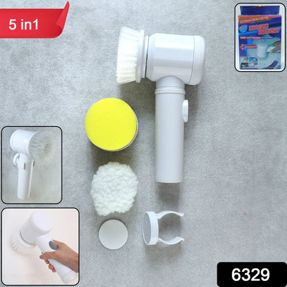 Wukusy 5-in-1 electric cleaning spin brush with multiple replaceable heads for versatile home cleaning tasks.