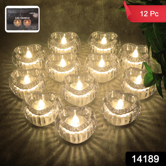 Set of 12 Wukusy heart-shaped LED flameless decorative candles with soft glowing light, ideal for romantic decor or ambient lighting.