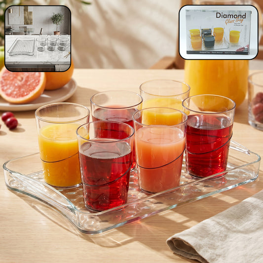 Set of six clear glass serving glasses with a matching tray by Wukusy, perfect for beverages and presentation.