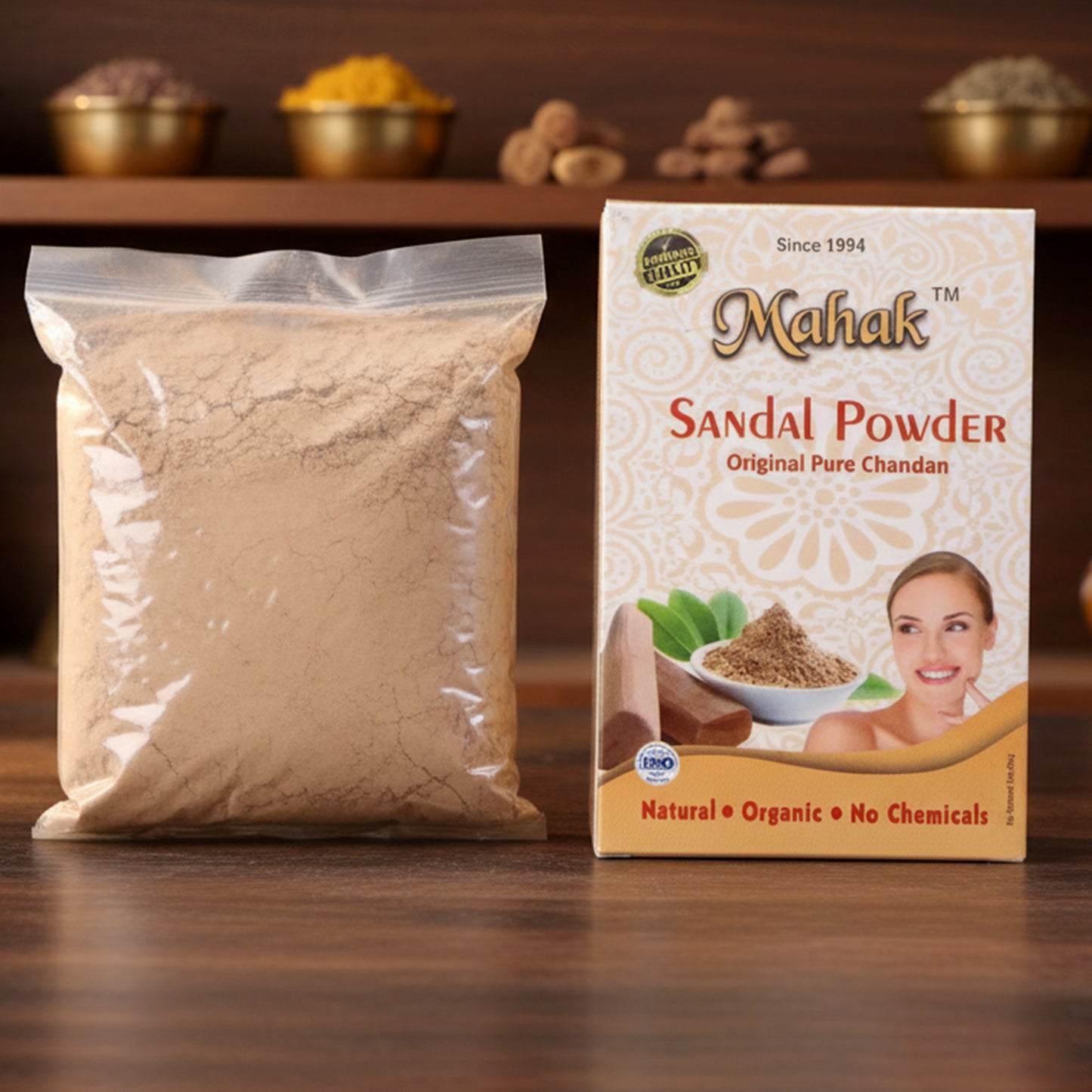 Wukusy natural sandal powder for traditional skincare, 50g, showing a soft beige powder in a small container.