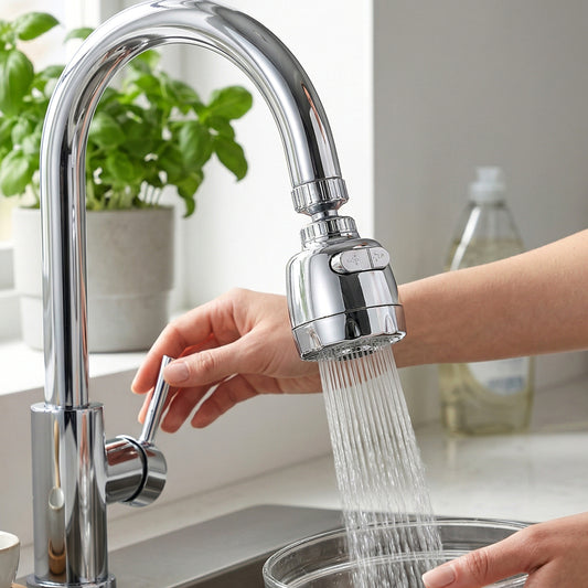 Wukusy 360-degree rotating faucet water-saving tap aerator set installed on kitchen faucet, showing adjustable water flow.