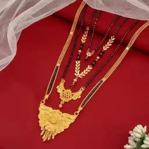 Elegant gold-plated alloy mangalsutras with artificial beads, set of 4, non-adjustable, free size jewelry by Ekom