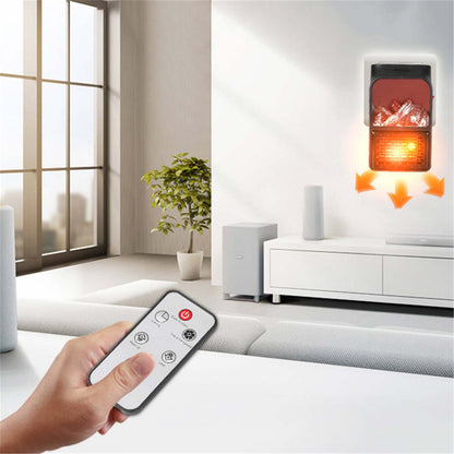 Wukusy portable electric fireplace lamp with LED flame and 900W heater, designed for office use, showing the glowing flame effect.