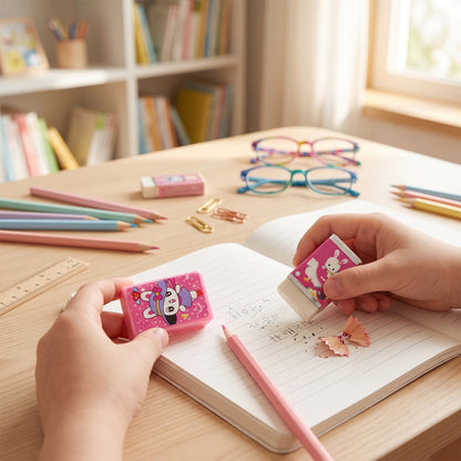 Kids school stationery set by Wukusy with flexible pencils, eraser, and sharpener in a colorful 4-in-1 design.