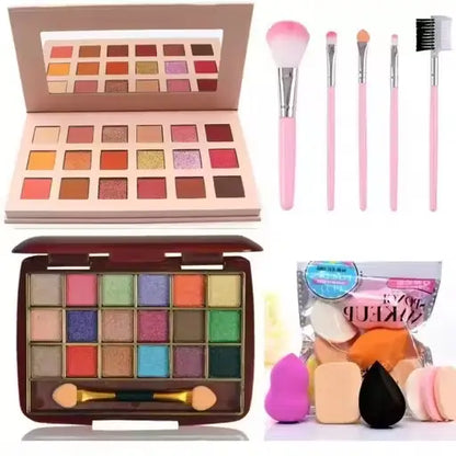 Ekom 18-color eyeshadow palette with a variety of shades and a makeup brush set for versatile eye makeup application.