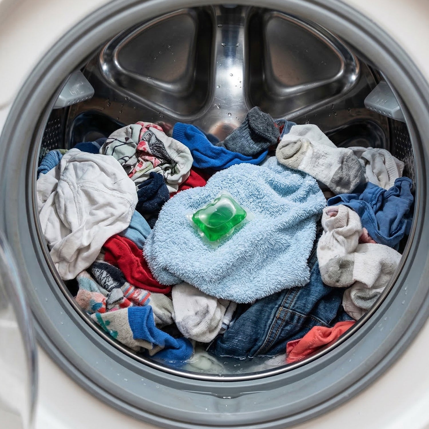 Wukusy concentrated liquid laundry detergent pods, 25-piece pack, showing clear pods with liquid detergent inside.