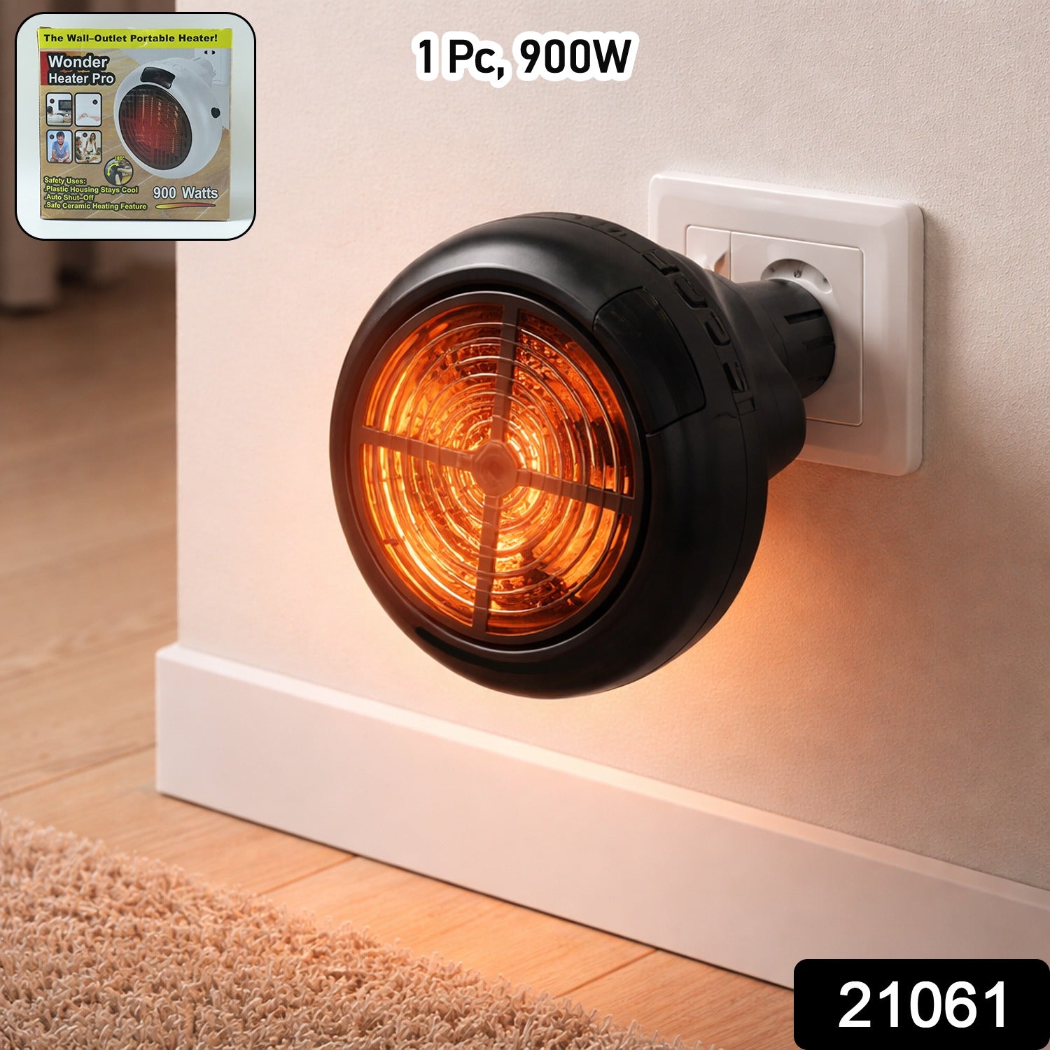 Wukusy portable wall outlet electric room heater with 900W power, compact design, and control panel visible in the image.