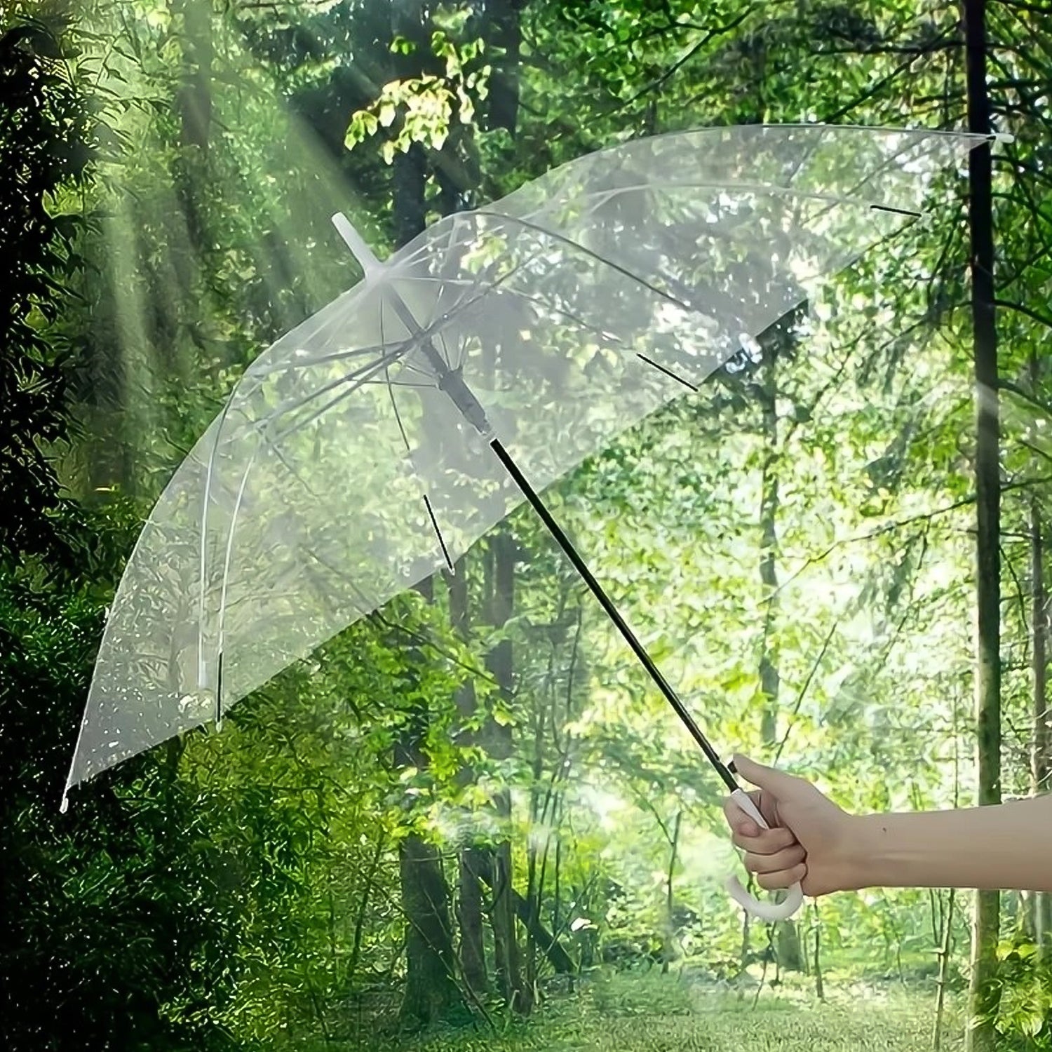 Clear dome umbrella with curved handle by Wukusy, showing transparent canopy and ergonomic grip for home improvement use.