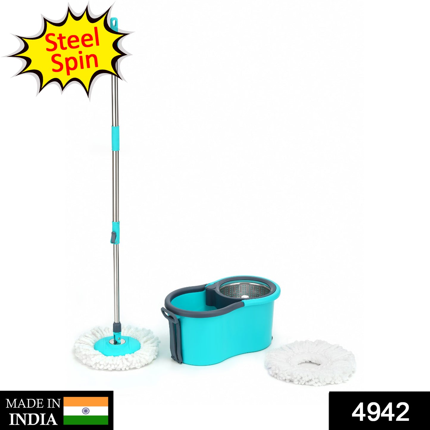 Wukusy 4942 Quick Spin Mop with steel spinning bucket, easy wheels, and large floor cleaning bucket for efficient home cleaning.