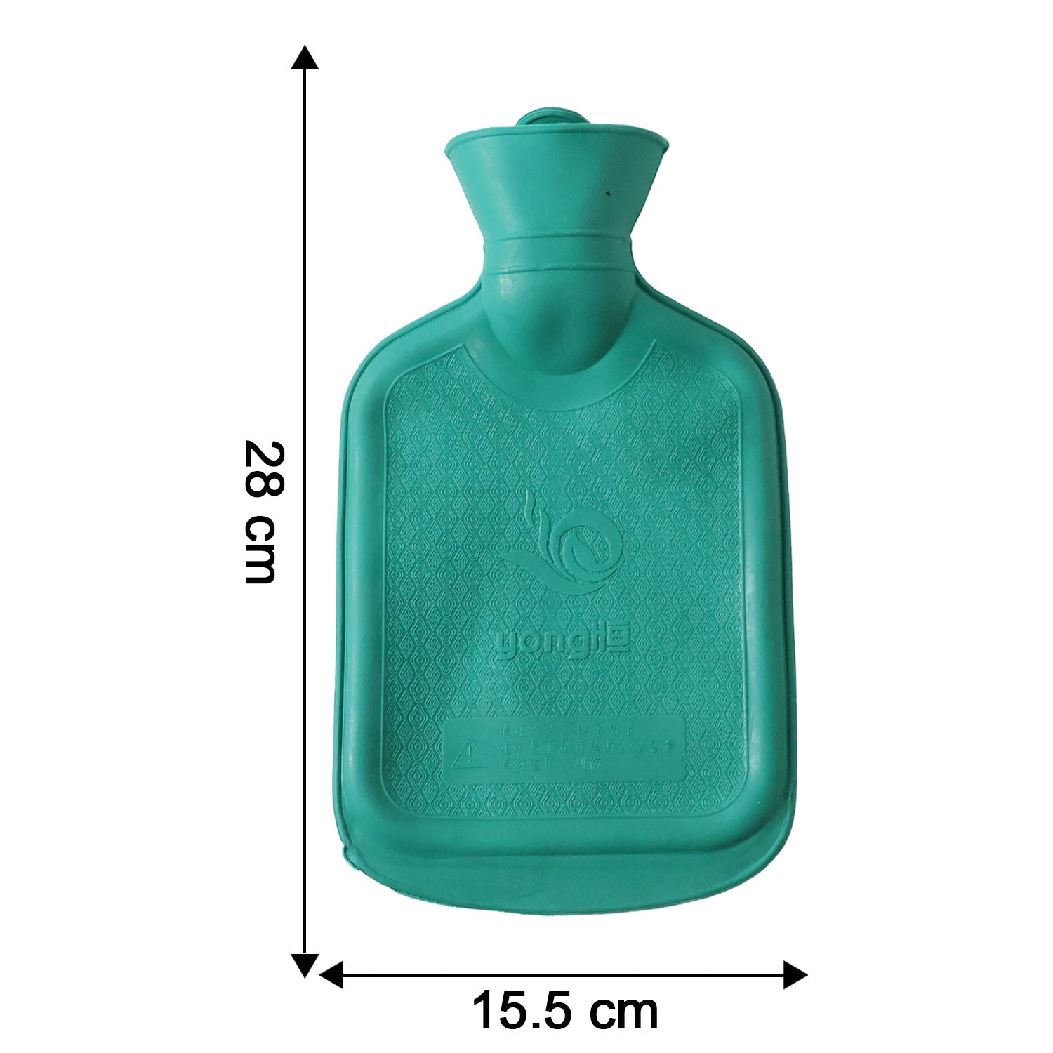 Wukusy reusable hot water bottle, 26 cm length, soft rubber cover, designed for warmth and comfort.