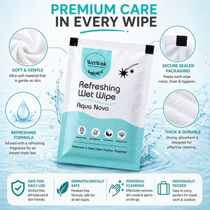 Wukusy Aqua Nova refreshing wet wipe for face, hands, and body, showing a single cleansing wipe with blue and white packaging.